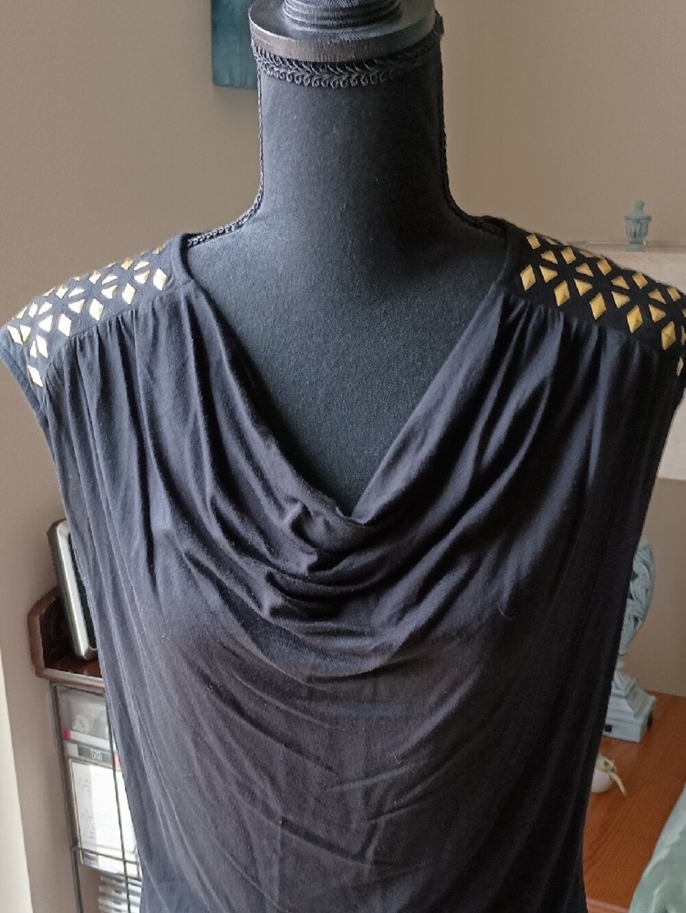Chaus Black Cowl Neck Camisole with Gold Shoulder Cutouts - Picture 2 of 3